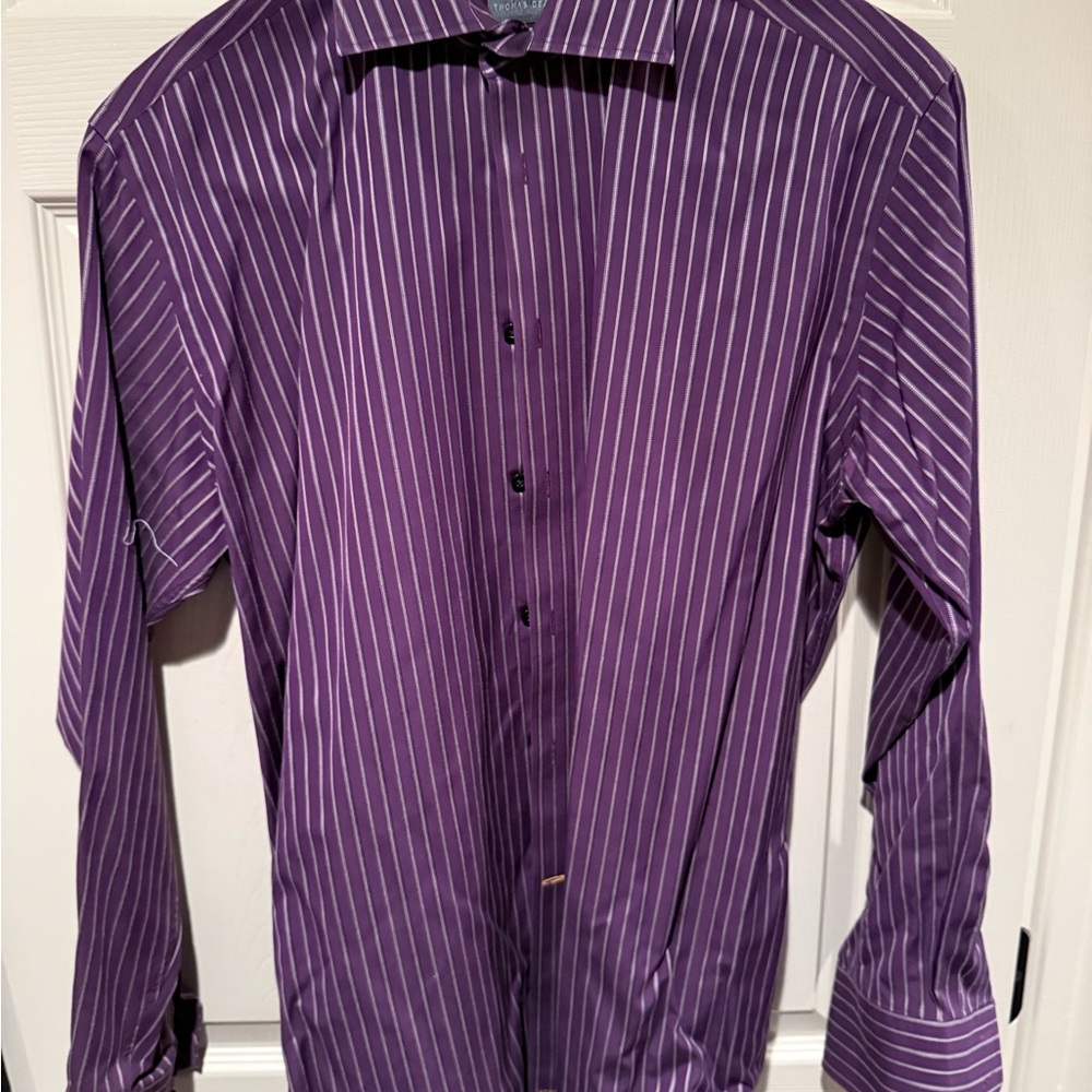 Thomas Dean Men's Purple and White Striped Dress Shirt
